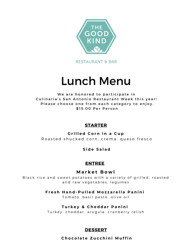 The Good Kind San Antonio Restaurant Week 2020 Lunch Menu