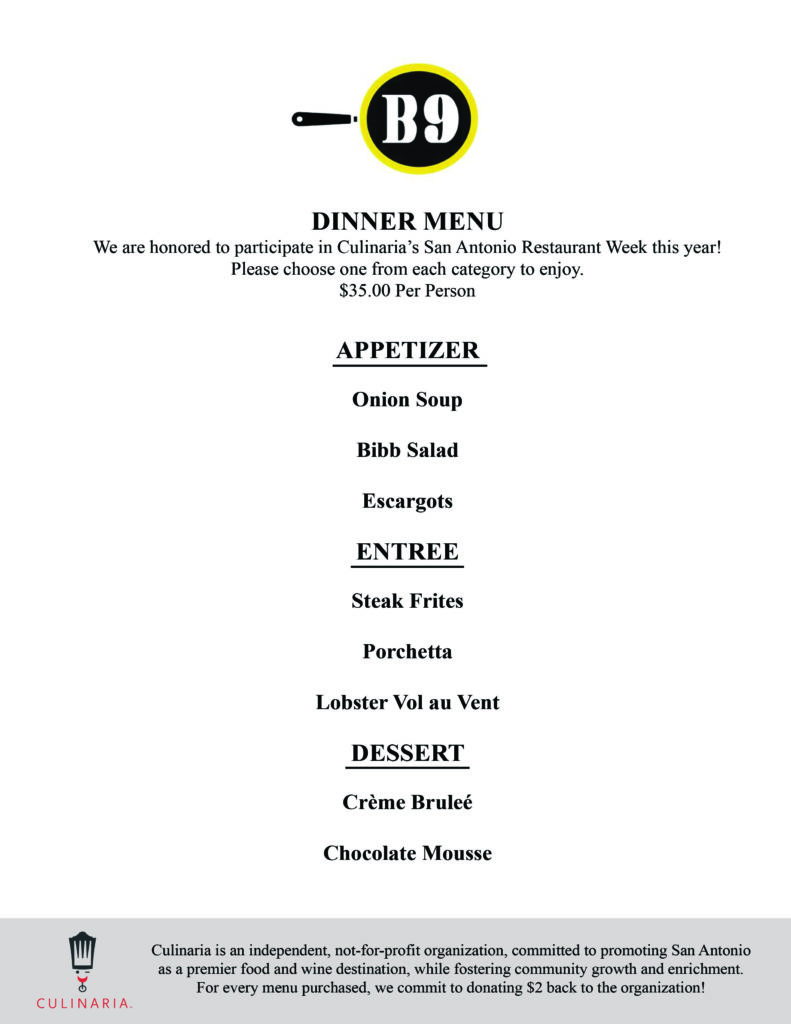 Bistr09 San Antonio Restaurant Week 2020 Dinner Menu