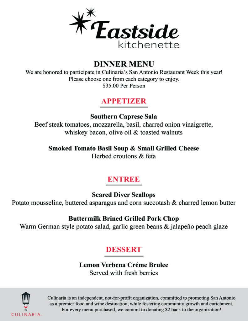 Eastside Kitchenette San Antonio Restaurant Week 2020 Dinner Menu