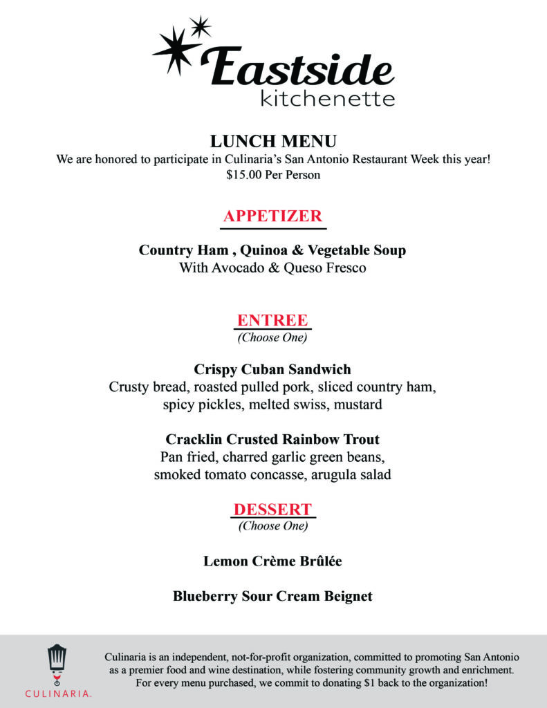 Eastside Kitchenette San Antonio Restaurant Week 2020 Lunch Menu