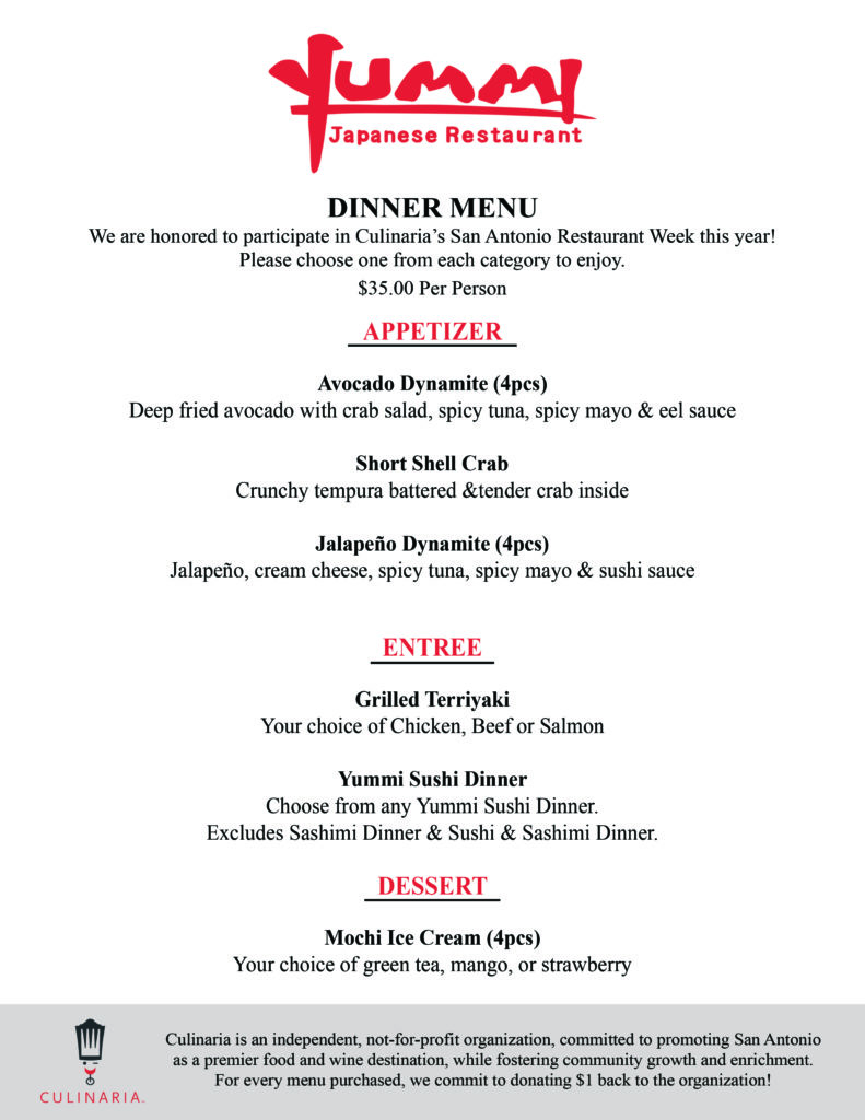 Yummi Japanese Restaurant San Antonio Restaurant Week 2020 Dinner Menu