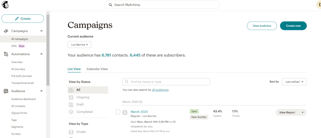 All Campaigns Tab under the Campaign section on Mailchimp 
