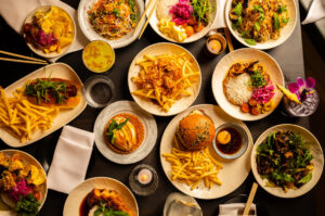 several lunch menu items on table at Tokyo Cowboy