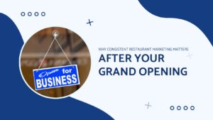 graphic of open for business sign with blog title Why Consistent Restaurant Marketing Matters after your grand opening